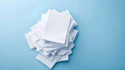 Pile of Empty Paper Sheets on Blue Background, copy space, blank, office, workspace
