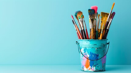 Paint Bucket with Brushes on Blue Background, isolated, single, art, tools - obrazy, fototapety, plakaty