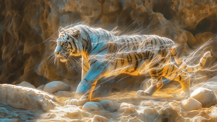 A white tiger haunting the world with their ghostly absence, fading rapidly into unknown,  the world of endangered species - obrazy, fototapety, plakaty