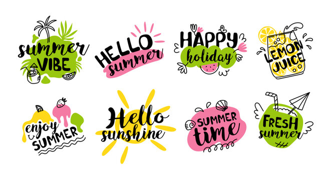 Set of summer text labels, logos, hand drawn tags and elements for summer holiday, travel, beach holiday, sea, sun. Vector flat illustration