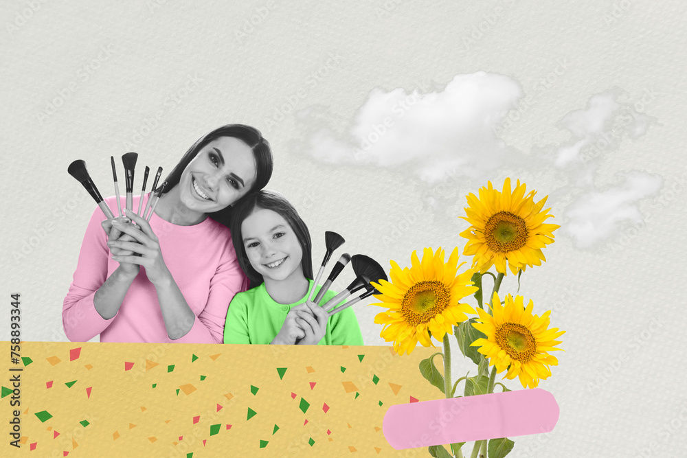 Poster collage 3d image of pop retro sketch of happy mom daughter hold make up brushes celebrate mother day