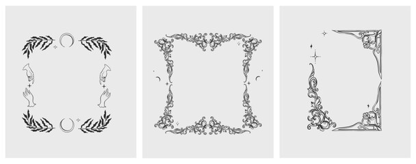 Hand drawn vector abstract outline,graphic,line vintage baroque ornament floral frame in calligraphic elegant modern style.Baroque floral vintage outline design concept.Vector antique frame isolated. - 758893513