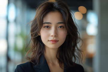 Fototapeta premium A young dark-haired, brown-eyed Asian business woman in a business suit looks affably and confidently directly of the office space. Business woman concept