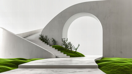 Lush Green Park with Architectural Staircase, Blending Nature and Design for a Peaceful Outdoor...