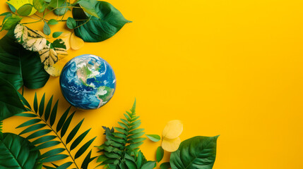 A refreshing visual of a small globe among vivid green and yellow botanicals on a uniform yellow background