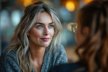 A beautiful middle-aged business woman with gray hair communicates at a meeting with a female business partner out of focus. Business women concept