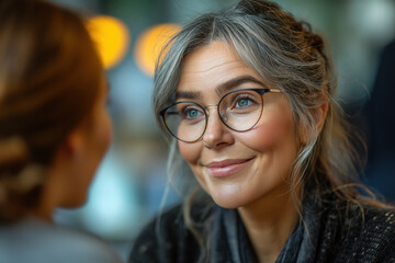 A beautiful middle-aged business woman with glasses, gray hair and wrinkles, communicates in a meeting with her business partner out of focus. Business women concept