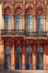 Obraz premium Sketch of facade of a noble building, Watercolor painted landscape