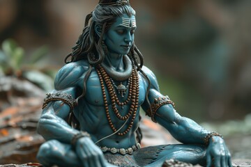 Sculpture of the Hindu god Shiva arriving in meditation with his eyes closed. Shiva sitting in the lotus position, immersed in a state of samadhi, in traditional decorations