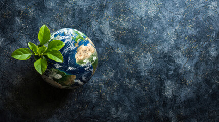 An illustrative image showcasing a globe with vibrant green leaves on a textured blue background, symbolizing environmental conservation - Powered by Adobe