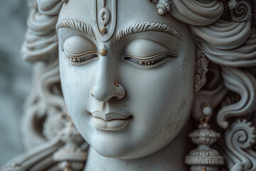 Close-up portrait of a statue of the Hindu god Shiva, blissfully closing his eyes, arriving in meditation. Shiva in samadhi in traditional decorations