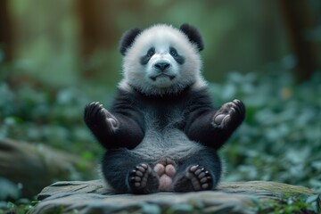 A cute funny little panda sits on a stone in the forest in a meditation pose, with its paws spread to the sides, on a blurred background. Meditation concept