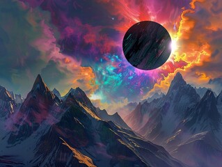 Mountainous terrain under a total solar eclipse, luminism at play with vivid colors and dramatic contrasts