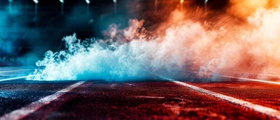 Foto op Canvas Close up of running track with steam, neon illumination in stadium or sports arena. Outdoor fitness banner. Jogging. Generative ai © Inai