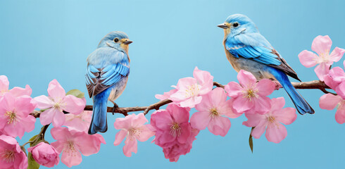 two blue birds sitting on a branch of a tree with pink flowers in the background and a blue sky
