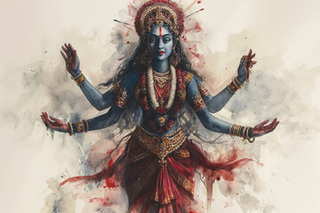 Hindu goddess Kali, the four-armed wrathful form of goddess Parvati. Consort of Lord Shiva. Other forms: Gauri, Bhavani, Durga. In the style of watercolor paints on a white background - obrazy, fototapety, plakaty