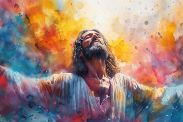 Jesus Christ, with his eyes closed, raises his hands to the sky, coming into a state of bliss, against a multi-colored rainbow background. Watercolor style. Easter concept - obrazy, fototapety, plakaty