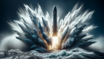 A rocket is launched from the water into the sky, flames and smoke pouring out of its engines