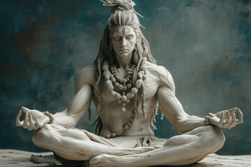 A plaster sculpture of the Hindu god Shiva in meditation. Shiva meditates in the lotus position, immersed in a state of samadhi, with his eyes closed. Sculpture in traditional decorations
