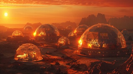 A conceptual 3D landscape of a future Mars colony, with geometric habitats glowing under a red sky