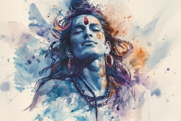 The Hindu Lord Shiva closed his eyes, arriving in a divine state of samadhi. Portrait in watercolor style on a white background - obrazy, fototapety, plakaty