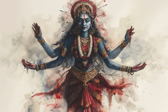 Hindu goddess Kali, the four-armed wrathful form of goddess Parvati. Consort of Lord Shiva. Other forms: Gauri, Bhavani, Durga. In the style of watercolor paints on a white background