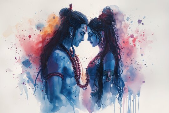 The Hindu gods Shiva and Parvati gently touch their foreheads with love, closing their eyes. Style of watercolor paints on white background