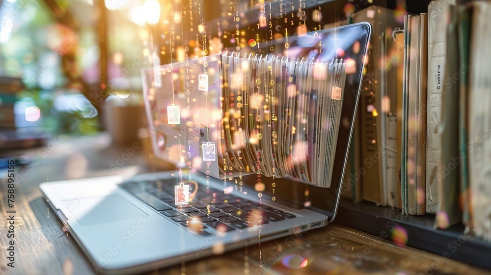 Poster Consultant information technology (IT) working on laptop. Archiving and managing information files efficiently with automated software. Internet Technology Concept.