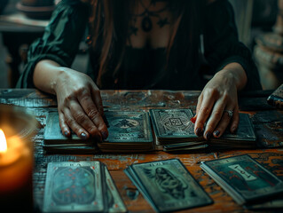 The hands of a fortune teller lays out and reads tarot cards, predicts fate in a mystical atmosphere with candles - 758895138