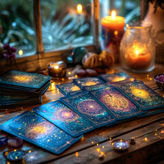 Tarot cards laid out on a table in a mystical atmosphere with candles - 758895174