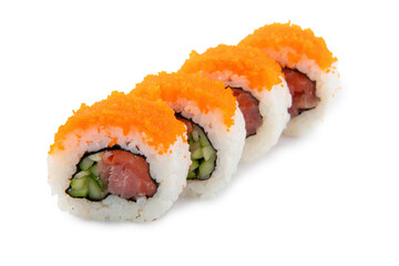 Banzai sushi roll with cucumber and salmon, decorated with tobiko caviar.