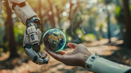 This evocative image shows a robotic arm and a human hand reaching out, exchanging a small Earth model, a metaphor for technological partnership