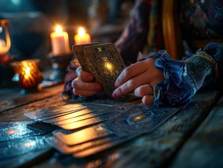 Poster Fortune teller lays out and reads tarot cards, predicts fate in a mystical atmosphere with candles © Svetlana