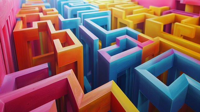 A 3D geometric maze, challenging viewers to navigate through its complex, colorful pathways