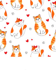 Seamless pattern with many different  red cats on white background. Vector illustration for children.