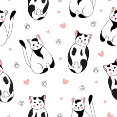 Seamless pattern with many different  black and white cats on white background. Vector illustration for children.
