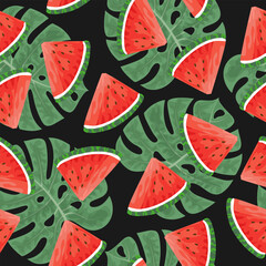 Seamless pattern with hand drawn  watermelon slace and tropical monstera leaves on black background.