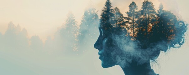 Double exposure of a woman's head with forest landscape in the background --ar 2:1 --style raw --stylize 200 Job ID: 0d9b16fe-9b56-4d44-9ed2-c664f60a5a34