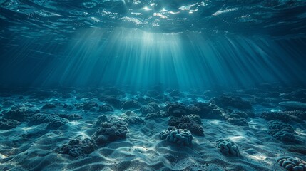 Fototapeta na wymiar Deep Abyss Underwater With Blue Sun Light