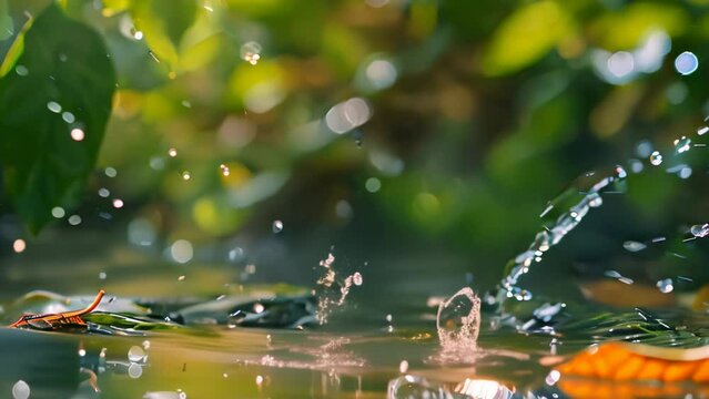 splashing water on leaves in water. 4k video