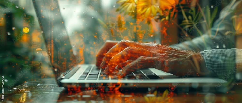 Aufkleber a double exposure of a businessman working on a laptop computer on a wooden desk with blank screen