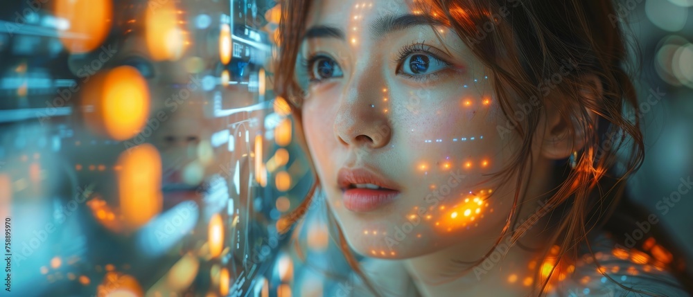 Aufkleber an innovative future technology allows a young asian woman to view her phone data and functions in h