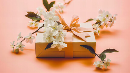 Spring Celebration Gift Box with Floral Decoration, Symbolizing Love and Gratitude in a Festive Background for Special Occasions