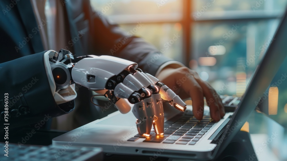 Poster A businessman uses technology AI for working tools. He uses smart robots AI, artificial intelligence to generate information and help him resolve problems.