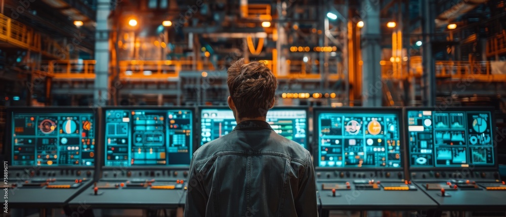 Poster A smart factory with a process control room and automation in line with industry 4.0 trend concept. An engineer and director manager monitor real-time work automation process in the factory.