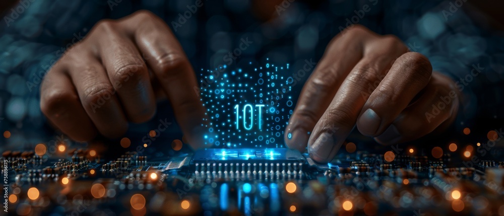 Fototapete An abstract chip with the text IoT on it is selected by a businessman on the virtual display on a virtual screen.