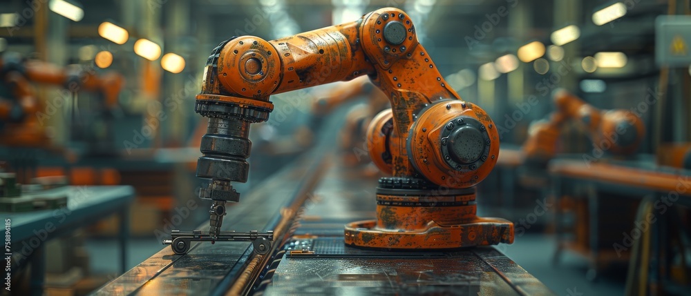 Poster Image of industrial automation robot arm machine with the concept of Industry 4.0, in a smart factory.
