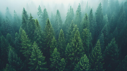 Aerial view of a misty pine forest with dense larch trees, evergreen foliage, and grassy undergrowth in a natural temperate broadleaf mixed forest landscape