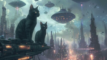 A sci-fi city defended by an army of telepathic cats against alien invaders - obrazy, fototapety, plakaty