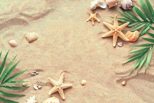 Sea sand with starfish and shells. Top view with copy space. generative ai.